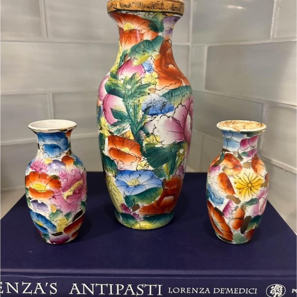 Red and Pink Decorative Vases with Abstract Patterns